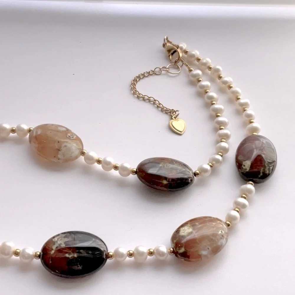 🟥Brand New Pearl & Flower Agate Necklace Handcrafted